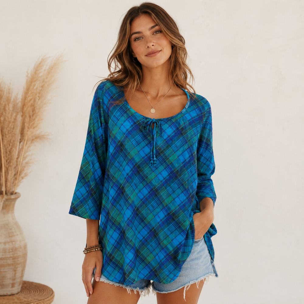 Catherines Plaid Tunic Top Women's Plus Size 2X Blue Green 3/4 Sleeve Casual NWT